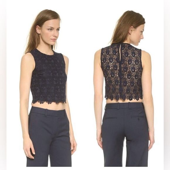 A.L.C. Women Size 0 Adriana Navy Blue Floral Lace Sleeveless Crop Top Shirt - Picture 2 of 13